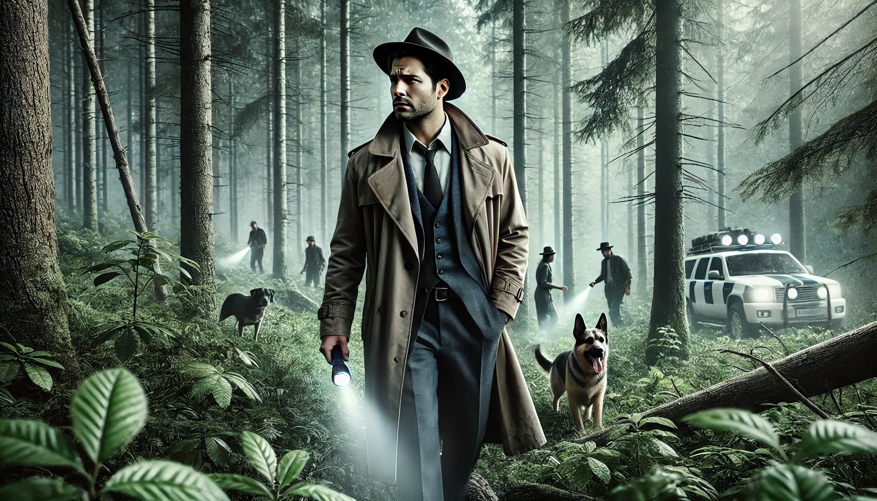 a man in a trench coat with a flashlight in a forest