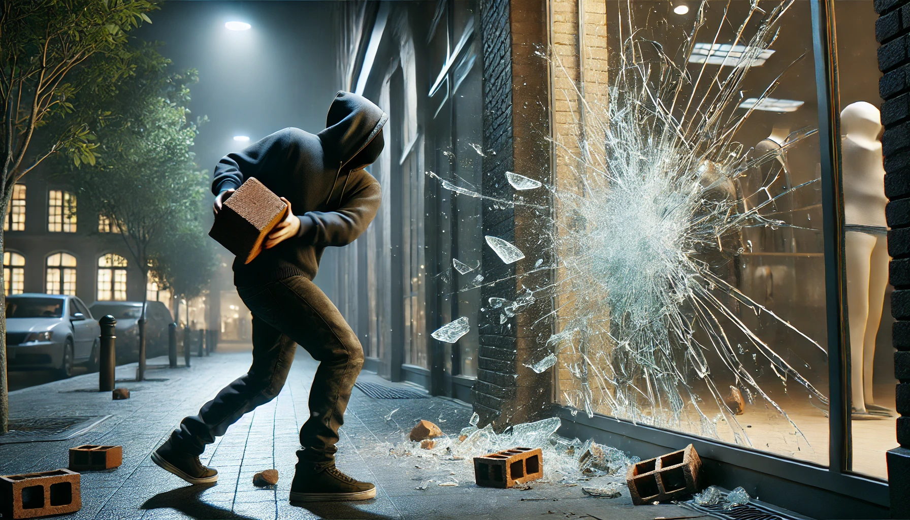 a man in a hoodie holding a brick box breaking through a window